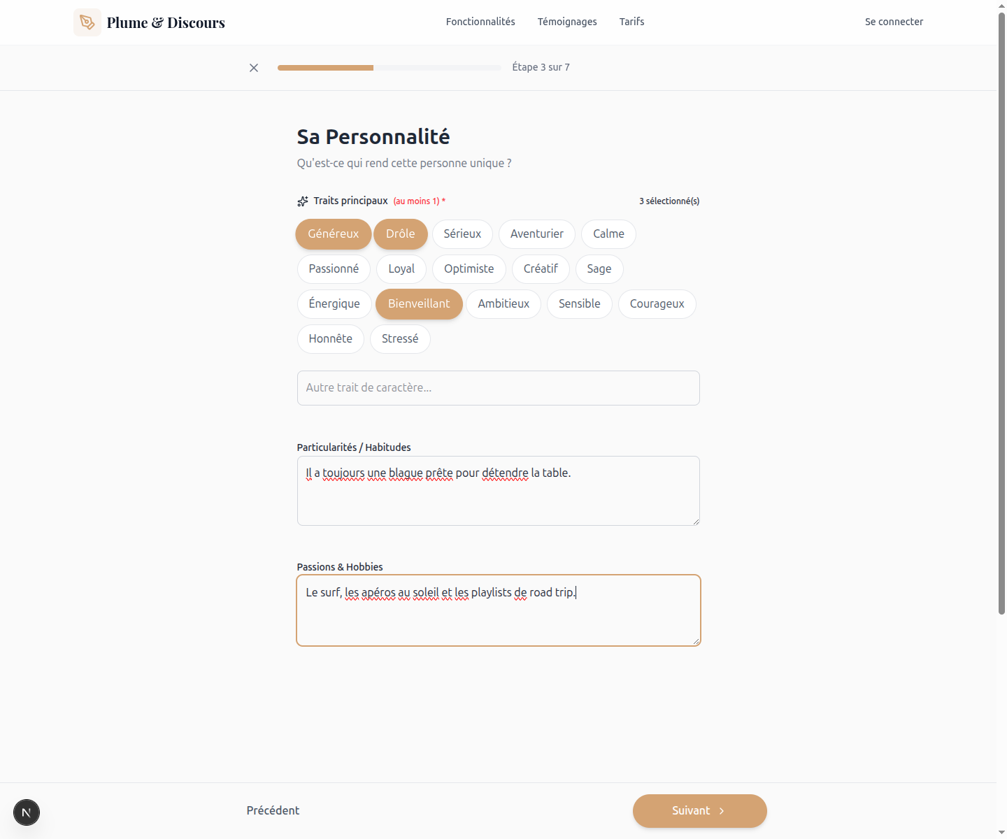 Étape personnalité du formulaire